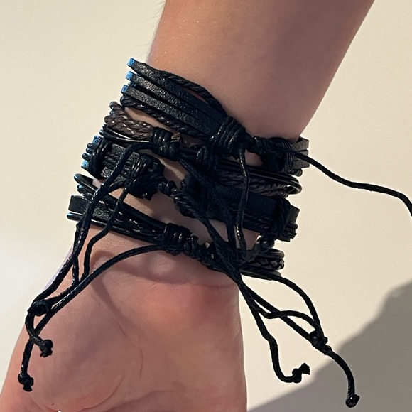 Black Adjustable Leather Braided Bracelet Set Rope Multilayer Wristban - Picture 7 of 7